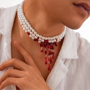Vampire Pearl Choker with Blood Red Crystal Drops Gothic Halloween Necklace